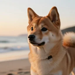 a closeup photorealistic photograph of a cyborg japanese spitz on the beach at sunset. this 4 k hd image is trending on artstation, featured on behance, well - rendered, extra crisp, features intricate detail and the style of unreal engine. golden hour