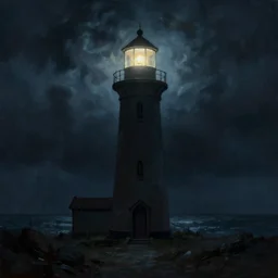 beautiful impressionist mysterious digital painting about a scary light house glowing in the dark of a stormy night, trending on artstation, gloomy, moody, highly detailed