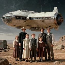 highly detailed, 268435456k film, 480mm film still from a sci fi blockbuster color movie made in 2019, set in 1860, of a family standing in front of a spaceship that has just landed on an alien planet, the family are all wearing 1860s era clothes, good lighting, good photography, ultra high definition