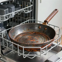 inside of a dishwasher, the only contents are one iron frying pan in it, the pan is rusty, highly detailed, high quality, HD, 4k, 8k, Canon 300mm, professional photographer, 40mp, lifelike, top-rated, award winning, realistic, sharp, no blur, edited, corrected, trending
