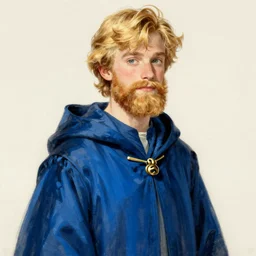 A young wizard with blonde hair and blond beard wearing a lustrous blue robe, illustration by Arthur Rackham