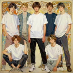 an hyper intricate oil painting of gen z model wearing a fashion outfit with clean t - shirts for mockups, full body ultra fashion model pose by vogue, excellent composition, by yoshitaka amano, by greg rutkowski, by alphonse mucha, by rhads, by ross tran, trending on artstation
