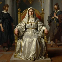 Realistic painting of beautiful priestess woman in detailed costume, sitting on a throne in a throne roome in a palace dramatic lighting, high-detailed oil painting by Ilya Repin, William Blake, Michelangelo da Caravaggio, Alex Grey and Beksinski, masterpiece, 4k