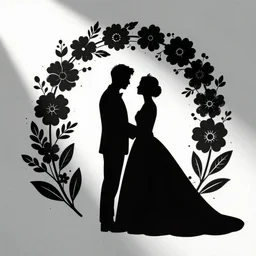 wedding vector in black silhouette, black flowers, white background