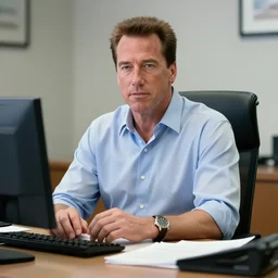arnold schwarzenegger as conan the barbarian sitting at a desk, as an office worker, in an office, inside an office building, sitting at a desk, angrily shouting at a laptop, laptop computer, crisp lighting, corporate photography