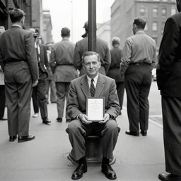 a gentlemen sitting in the middle of the street award winning photograph 1950