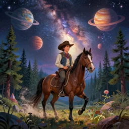 psychedelic, trippy, cowboy, pine forest, horse, planets, milky way, cartoon by rob gonsalves