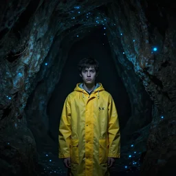 many small blue glowing fragments inside a cave, young man with yellow raincoat, 8 k, award - winning, hyperdetailed, mysterious, dark, eerie