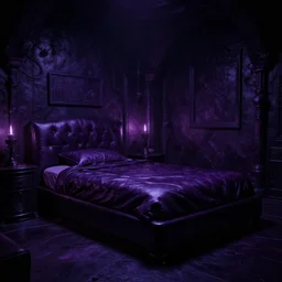 night time, moody dark, dark purple leather dungeon bedroom in the style of blade runner 2 0 4 9