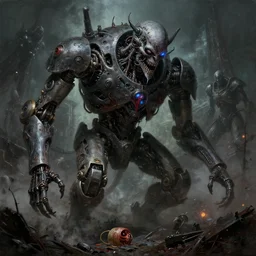 grim dark oil sci fi painting ai machine apocalypse, post nuclear, sinister, cyberpunk style, evil technology, demon robot machines, pain, agony, suffer, octane rendering, trending on artstation, by zdzisław beksinski, studio ghibli, michael whealan and james gurney detailed, 8 k