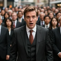 photo of a panicking banker in a three - piece suit looking into the camera with a huge crowd behind him, black and orange colour palette, depth of field