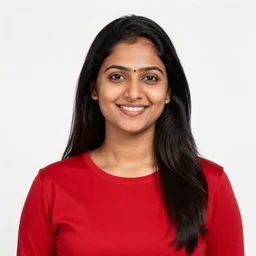 happy indian woman with long black hair wearing a bright red long shirt, green field and trees in the background, sigma 8 5 mm, high quality