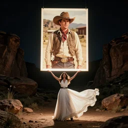photo, a woman in a giant flowing white dress holding up a giant massive illuminated photograph of a vintage western cowboy movie, standing inside a dark western rocky scenic landscape, volumetric lighting