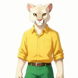 fursona character portrait of a anthro albino mountain lion wearing a yellow button-down shirt and green slacks. hidari, color page, tankoban, 4K, tone mapping, Akihiko Yoshida.