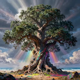 an impressive ominous cinematic shot photo of a great big bonzai tree beach caustics cumulo nuclear volumetric dynamic fluid simulation lighting light rays impressive masterpiece hyper detailed intricate sharp focus 8 k realistic illustration canon eos r 3 fujifilm x - t 3 0 sony alpha, by james gurney tooth wu artgerm colorful!!! graffiti!!!