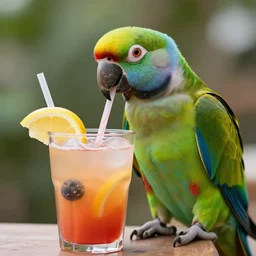 A portrait photo of a parrot sipping a fruity drink through a straw, real photo , 8k