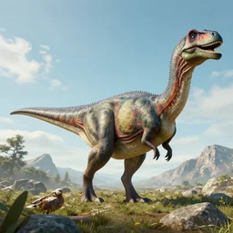 a beautiful ancient dinosaur the size of a mountain, ancestor of the duck
