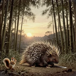 daguerreotype, backlit, low angle, manga, samurai slashing porcupine with sword, outdoors, bamboo forrest, sunset, in the distance horrified chipmunk watches