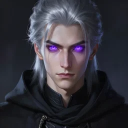 portrait of a young man with glowing purple eyes, silver hair, wearing a black cloak, concept art, cinematic lighting, detailed face, highly detailed, painting by greg rutkowski