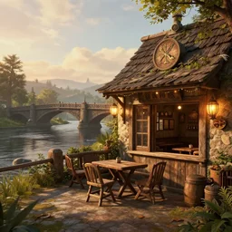 beautiful warm tavern seen from the outside, river crossed by a bridge, skyrim, crepuscular light, trending on artstation, sharp details