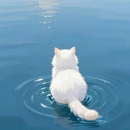 white fluffy cat rising from the water. view from behind, wide angle view, back view. nuri iyem, james gurney, james jean, greg rutkowski. trending on artstation, starlight, and enchanted dreams