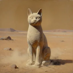 painting of an ancient cat statue on mars surface, visible in distance, partially covered in dust, style of greg rutkowski