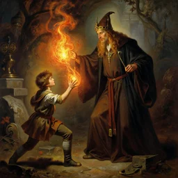 stunning male master wizard teaching his son how to cast fire spell, highly detailed painting by gaston bussiere, craig mullins, j. c. leyendecker, 8 k