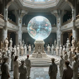 simplicity, inside a sci - fi temple with a luminescent sphere floating in the middle, marble sculptures of a crowd people surrounding it, ultra detailed, by miles johnston, william godward, moebius, simon stalenhag, gustave dore, andrew jones, pekka halonen, cinematic, 8 k, volumetric lighting,