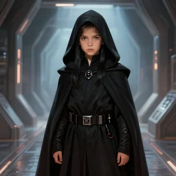 half body shot, 1 8 years old dark lord of the sith judy garland wearing a hooded jedi cloak, with long black hair standing in deathstar hallway, rim light, volumetric lighting, digital painting, artstation, concept art, smooth, sharp focus, illustration, art by arney freytag, glamour pose, greg rutkowski, soft ambient lighting, particle effects