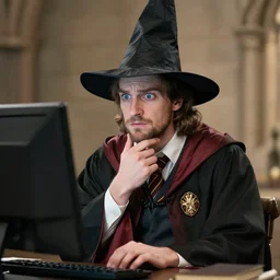 a photograph of a clean shaven confused man in wizard robes and wizard hat searching his chin in front of a computer screen