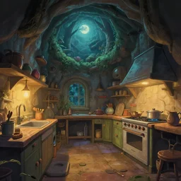 naive nerikomi, weird perspective, cel shading, detailed illustration of a kitchen dim lit in a scenic spiral environment from lorax movie, trending artstation