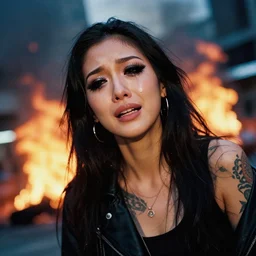 Cinestill 50d photograph of a techwear mixed woman wearing thick mascara and dark glitter makeup crying outside of a city on fire, tattoos, tilted frame, 4k, 8k, hd, full color, bokeh
