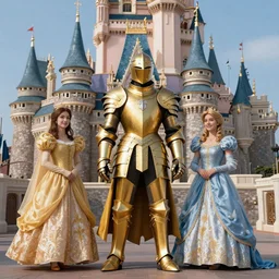 Magic Kingdomwith knights in golden armor and beautiful princesses, full portrait, high detail, high modernization, hyper realism