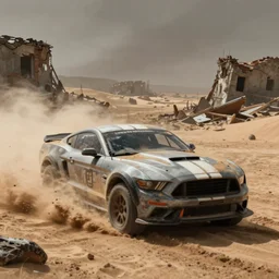 concept art of a post - apocalyptic mustang racing through a sandstorm in a desert filled with ruins, grimy, gritty, blade runner 2 0 4 9, trending on artstation, award winning painting, cgi, art by john berkey and anton fadeev and john howe and simon stalenhag and greg rutkowski