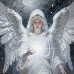 beautiful high details hyper realistic painting of white angel in the hood coming from space with giant ball of miracle light from the chest!!!!!, 4 k hd face!!!, fashion face, no gender, giant silver holographic wings, by jan van eyck, holography space, white sparkles everywhere, thin strokes, high textures, silver background