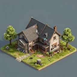 post - apocalyptic suburban house. isometric. 4 k photorealistic game asset.