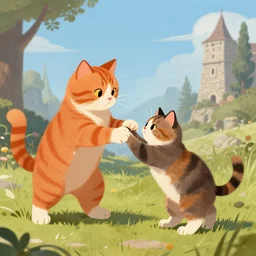 an orange cat and tortoiseshell cat playing, digital art, medieval art