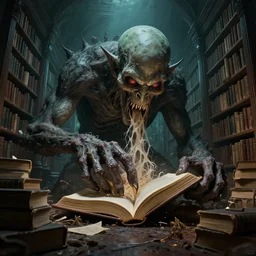 giant lovecraftian monster devouring a books inside a library, lovecraftian horror