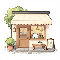 beautiful cute cozy very little cafe on a cobblestone street, cute cartoon, low detail, white background, watercolor, 4 colors!!!