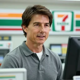 Tom Cruise working as a 7/11 cashier, macro, detailed, beautiful lighting