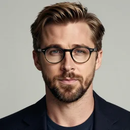 Photo of Ryan Gosling wearing Warby Parker glasses, soft studio lighting, photo taken by Martin Schoeller for Abercrombie and Fitch, award-winning photo, 24mm f/1.4