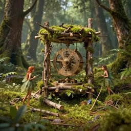 cobbled together by forest fairies, sticks, twigs, moss, perpetual motion machine, highly detailed, raytracing, octane, global illumination, unreal engine 5
