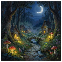painting, high detail, woodland village, in the night, fantasy, crescent moon, stone paths, bridge, water stream, luminous, toadstools, fireflies, fantasy,, flowers, lanterns, mist, highly detailed painting, fine lines, 8 k realistic, sharp focus