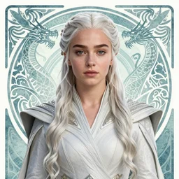 beautiful, ethereal daenerys targaryen ( khaleesi ) portrait, art deco, fantasy, intricate art deco dragon designs, elegant, highly detailed burning background, sharp focus, game of thrones art by artgerm and beeple and greg rutkowski and wlop