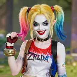 an in game portrait of harley quinn from the legend of zelda breath of the wild, breath of the wild art style.