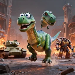 pixar running dinosaurs atat googly eyes, military tank fury road iron smelting pits space marines, highly detailed cinematic scifi render of 3 d sculpt of spiked gears of war skulls bucketwheel, military chris foss, john harris, hoover dam'aircraft carrier tower'beeple, warhammer 4 0 k, halo, halo, mass effect