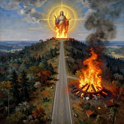 two roads. one ( narrow )! road goes up to the heavens!!, & the ( wide road )! is interrupted by a giant ( fire pit )!!!. aerial view, religious art, masterpiece. in a combination of thomas cole and paul gustav fischer.