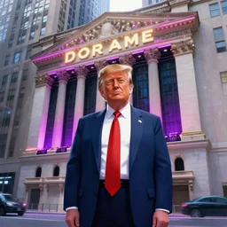 donald trump posing in front of the nyse, cyberpunk atmosphere, neon lights, portrait, illustration, rim light, top light, perfectly shaded, spring time, slight overcast lighting, soft painting, art by krenz cushart and wenjun lin