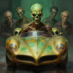close up sci - fi horror art simon stalenhag zombie racecar, green amber and diamond skin, elegant, highly detailed, centered, digital painting, concept art, smooth, sharp focus, illustration, artgerm, tomasz alen kopera, peter mohrbacher, donato giancola, joseph christian leyendecker, wlop, frank frazetta