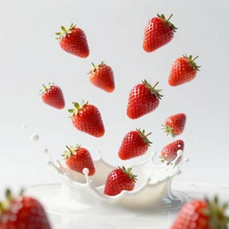 many strawberries falling, white milk splashes, advertising photo, highspeed photo, studio lighting
